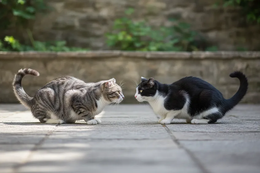 Deux chats face à face sur une terrasse, oreilles plaquées en arrière, dans la posture de deux chats qui se battent.