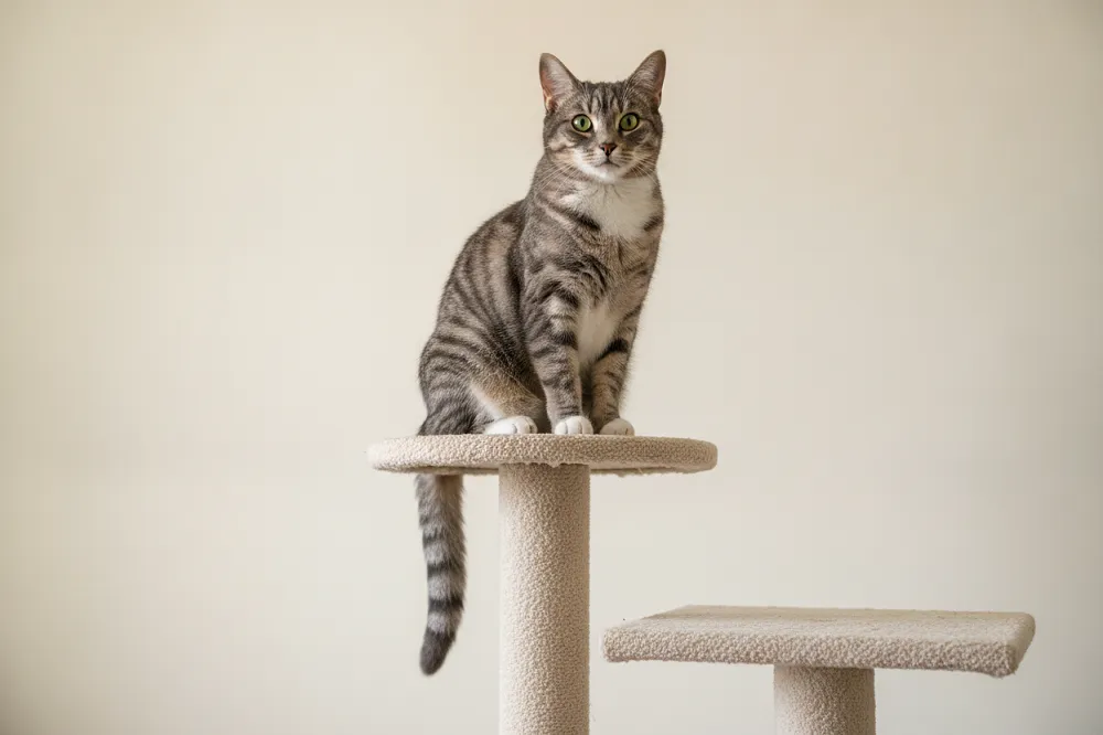 Chat gris tigré assis en haut d’un arbre à chat : le perchoir qui apaise deux chats qui se battent.