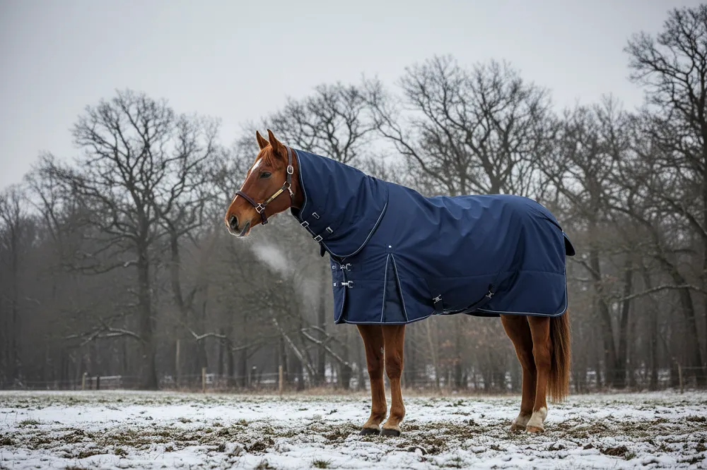 Tonte cheval : cheval couvert dans un pré en hiver, sous un ciel gris.