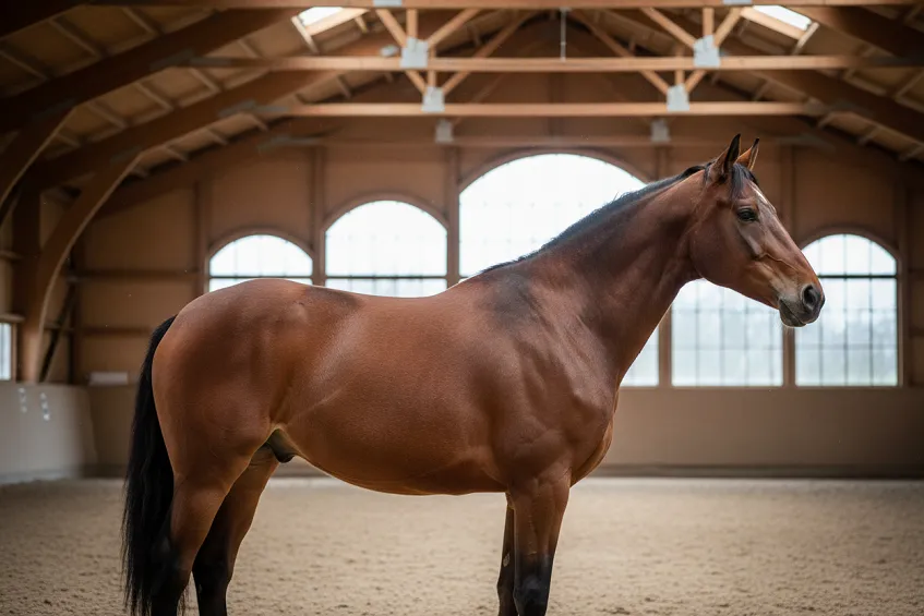 Tonte cheval : cheval bai tondu, le contraste visible avec ses membres restés sombres.