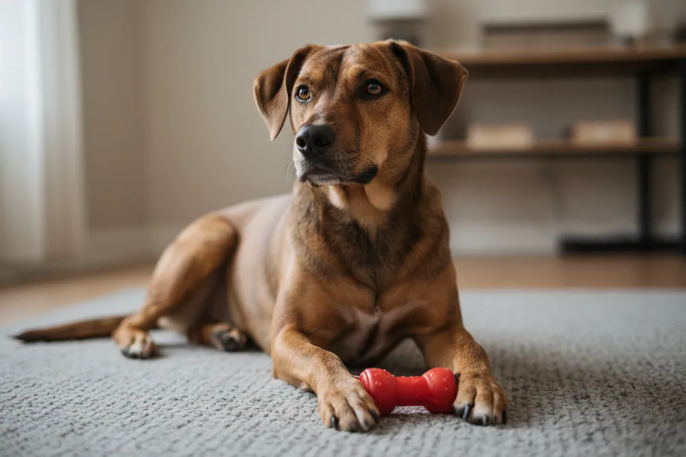 Bien choisir un cadeau pour son chien 1 Cadeau chien : jouet de mastication utilisé par un chien couché sur un tapis