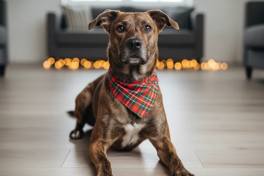 Déguisement Noël pour chien : bandana rouge à carreaux porté par un chien détendu dans un salon
