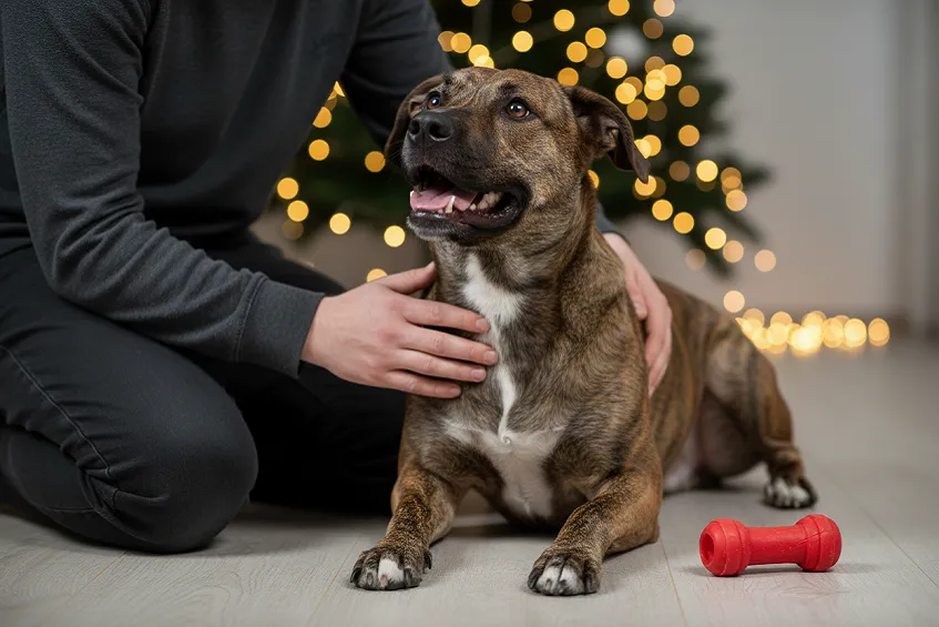 Chien croisé fauve assis contre la jambe de son maître, qui lui gratte le poitrail, son jouet posé au sol.
