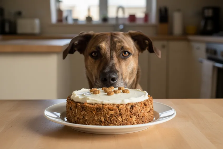 Chien attentif devant un gâteau d'anniversaire maison à la carotte et au fromage frais