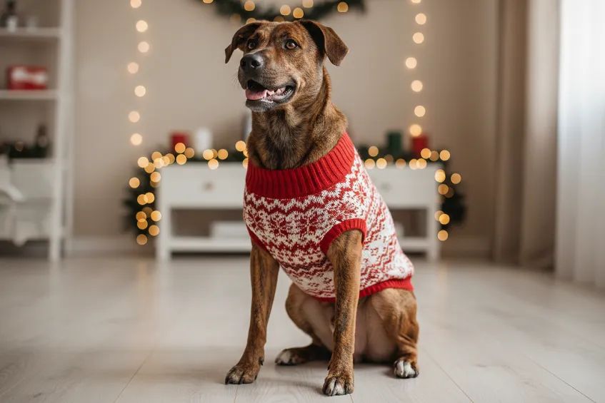 Oeuf de Pâques : tout savoir sur ce symbole fascinant du printemps 3 Chien portant un pull de Noël tricoté, assis détendu dans un salon