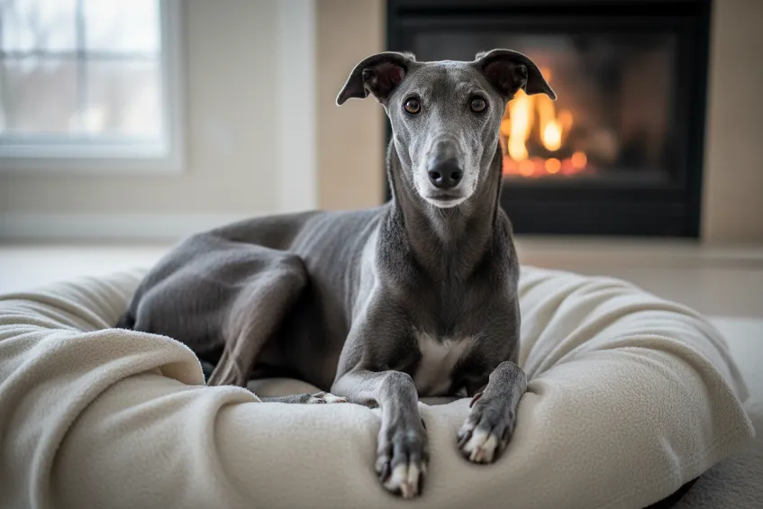 Chien âgé au museau grisonnant, installé au chaud sur un couchage épais en hiver
