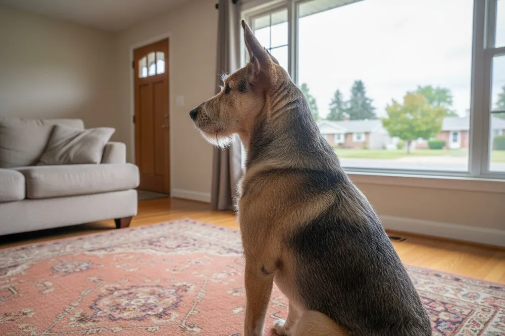 Chien seul à la maison, assis devant la fenêtre, le regard tourné vers la rue : souvent le chien du voisin qui aboie.