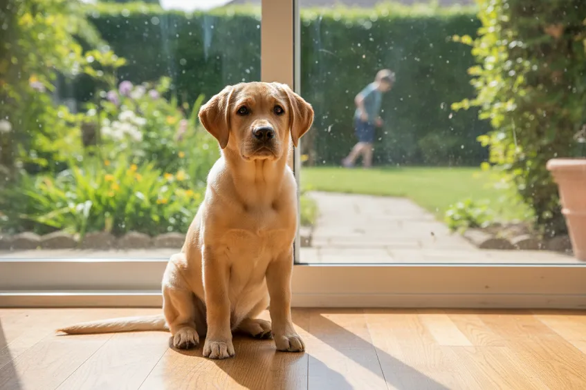 Propreté chiot : jeune chien assis devant une porte vitrée, attentif, prêt à sortir.