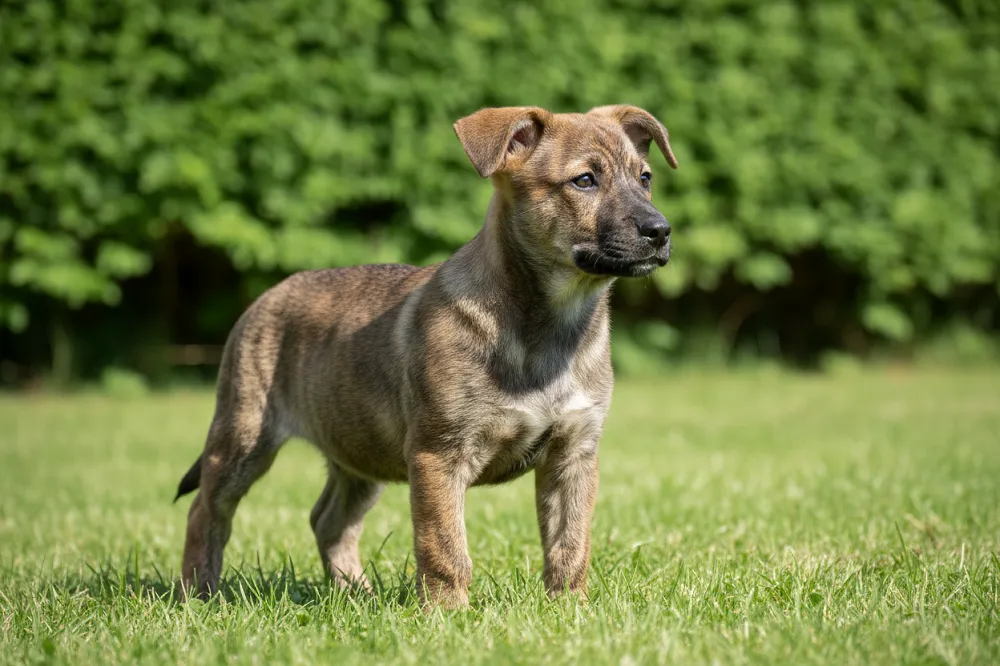 Propreté chiot : jeune chien attentif dans l'herbe au moment de sa sortie, oreilles dressées.