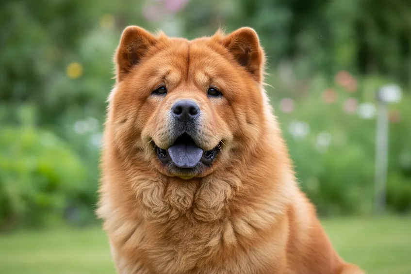 Chow chow roux gueule entrouverte, langue bleu-noir nettement visible.