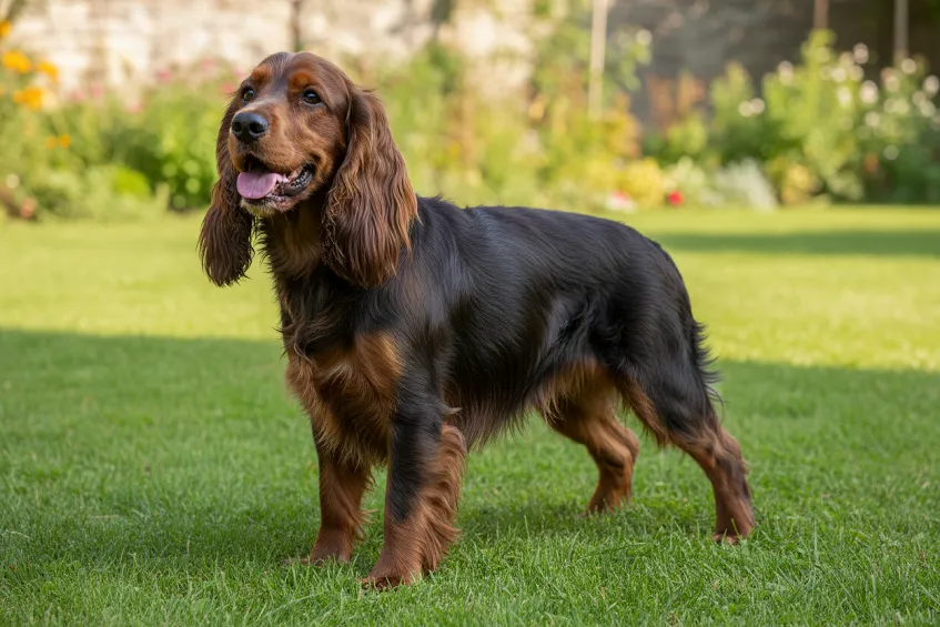 Cocker anglais chocolat et feu debout de profil dans l'herbe, oreilles longues et regard vif.