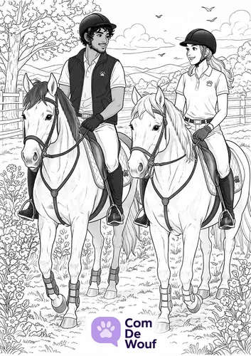 Dessin de cavalier et cavalière en balade à cheval dans la campagne