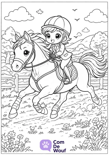 Dessin de cavalière casquée au galop sur son poney dans une prairie