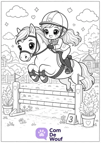 Coloriage cheval qui saute : une petite cavalière et son poney franchissent un obstacle