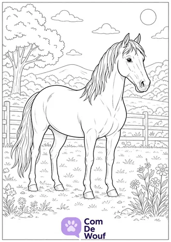 Coloriage cheval réaliste : un cheval debout dans son pré devant une clôture