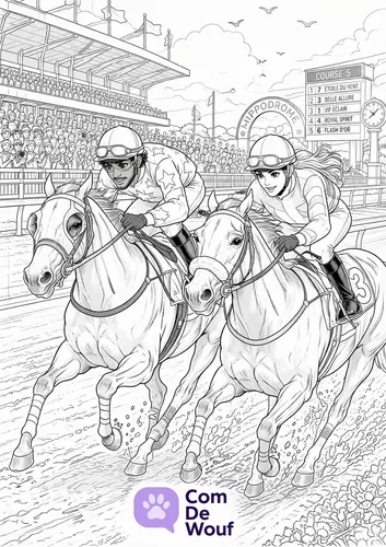 Dessin de deux chevaux de course et leurs jockeys à l'hippodrome