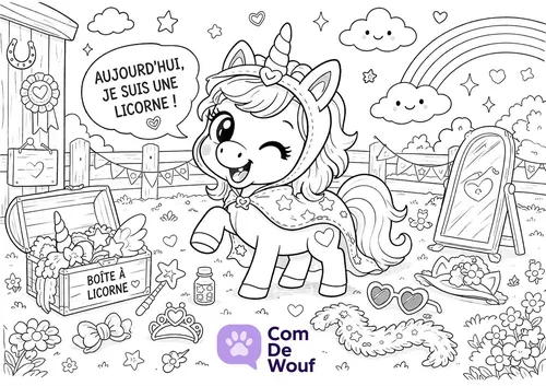 Dessin de poney kawaii déguisé en licorne devant un arc-en-ciel