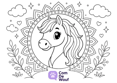 Coloriage cheval facile : une tête de poney kawaii au centre d'un mandala simple
