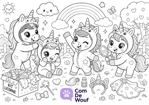 Dessin de quatre poneys en combinaison de licorne dans une prairie