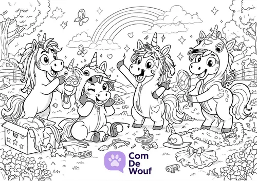 Dessin de poneys qui se déguisent en licorne sous un arc-en-ciel