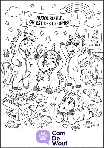 Dessin de poneys déguisés en licorne sous une banderole en français