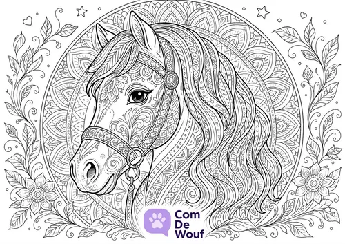 Coloriage cheval mandala : une tête de cheval ornée de motifs devant un grand mandala