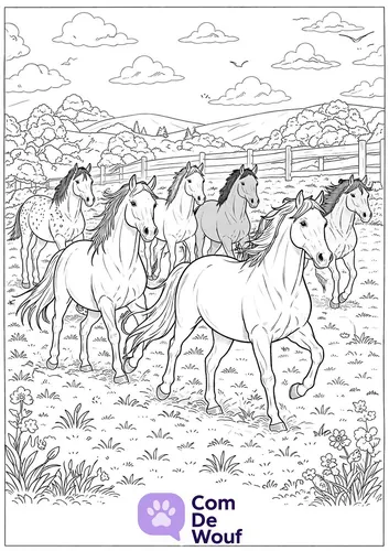 Dessin de six chevaux qui trottent dans un pré, dont un cheval tacheté