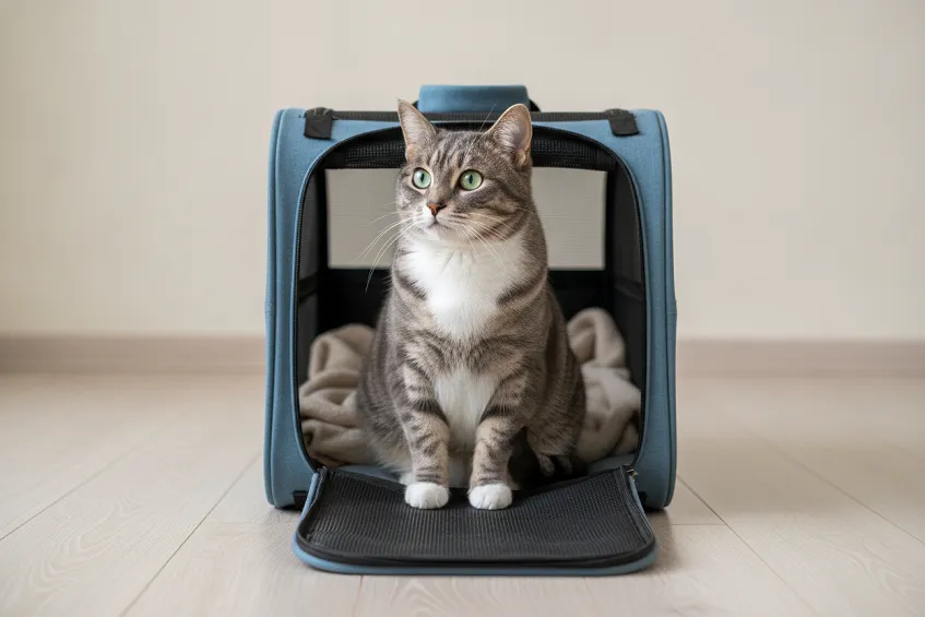 Chat gris tigré assis dans une caisse de transport ouverte, posée au sol d'une pièce vide.