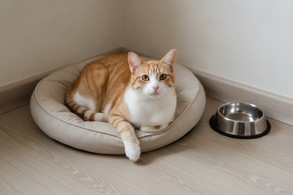 Chat roux installé sur son couchage dans le coin d’une pièce vide, après avoir déménagé avec un chat.