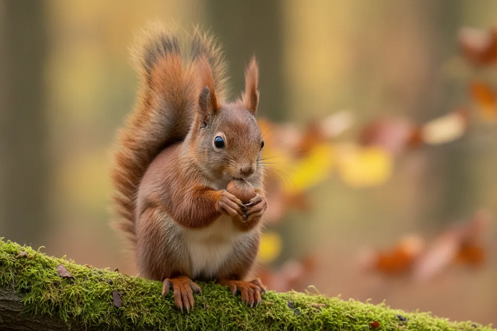 Écureuil roux assis sur une branche, tenant une noisette entre ses pattes avant.