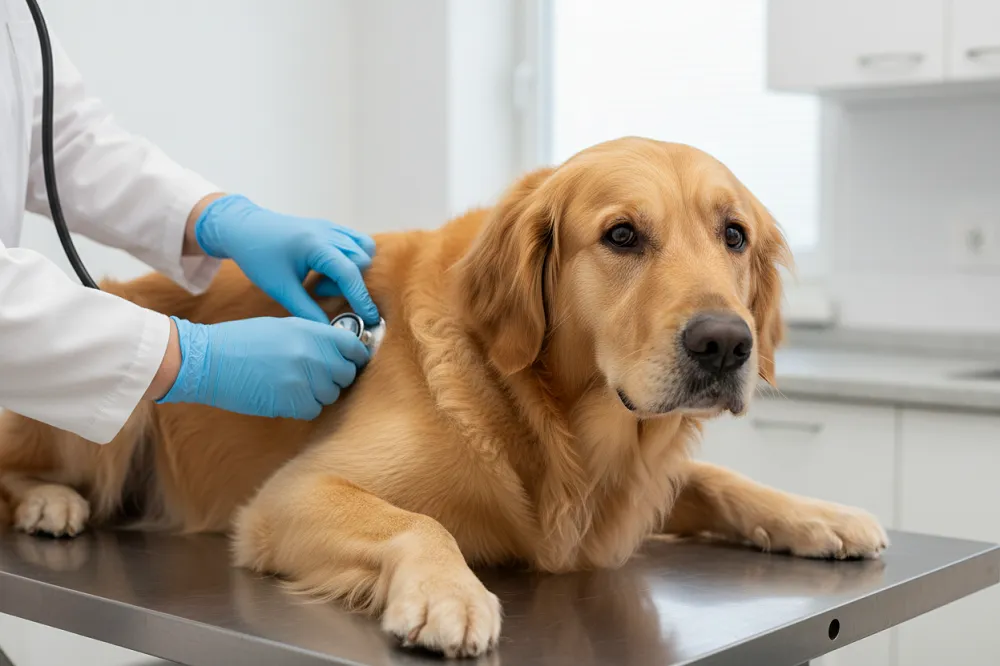 Étudiante vétérinaire examinant un chien sur une table de consultation en clinique.