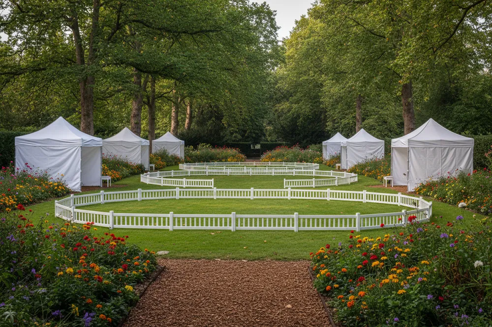 Exposition canine en plein air dans un jardin boisé, rings délimités sur la pelouse entre les arbres.
