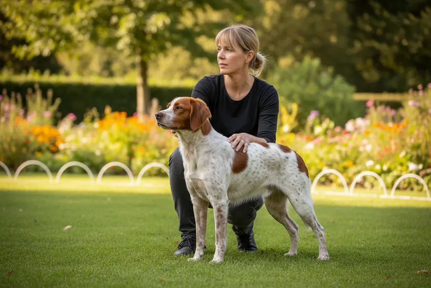 Maîtresse et son chien dans le jardin de La Roseraie, cadre de l'exposition canine de Dompierre.