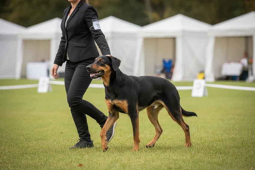 Maîtresse et son chien sur le site de l'exposition canine de Moisson, tentes et rings en arrière-plan.