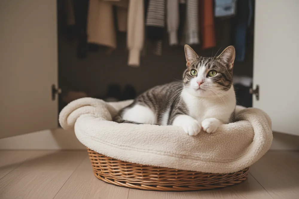 Chatte installée dans un panier au fond d'un placard, un comportement typique de fin de gestation chat
