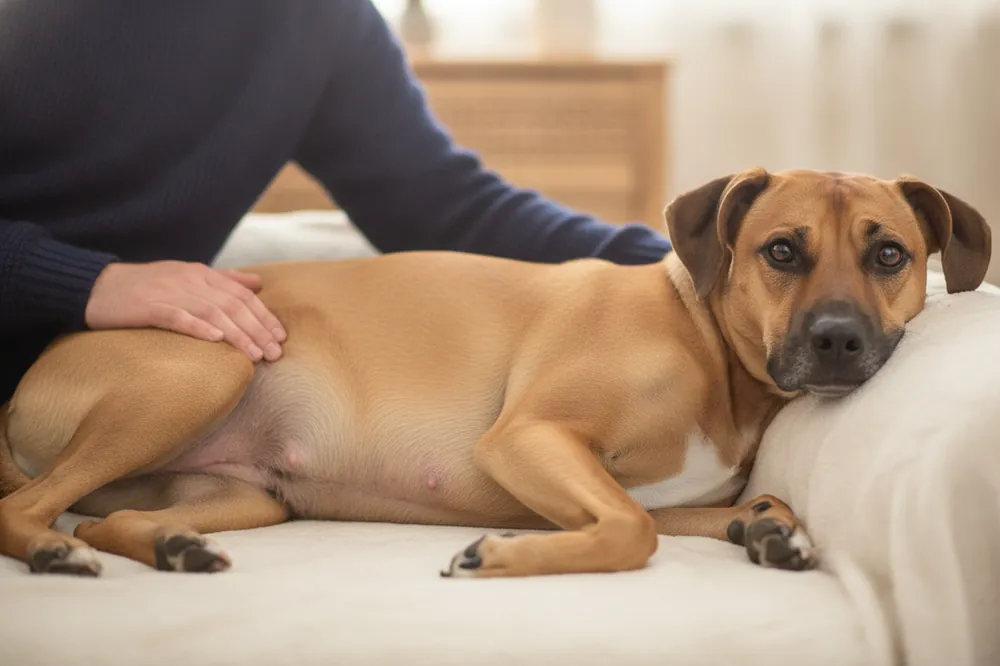 Chienne couchée au ventre arrondi en fin de gestation chien, caressée par son maître
