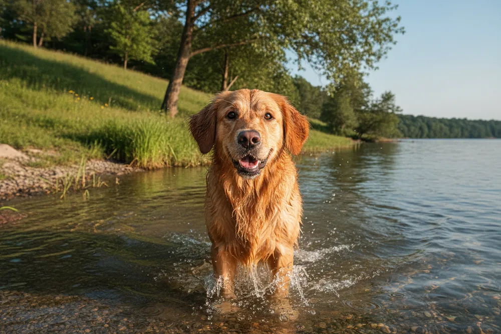 Golden retriever doré sortant de l'eau dans un plan d'eau peu profond, oreilles tombantes.