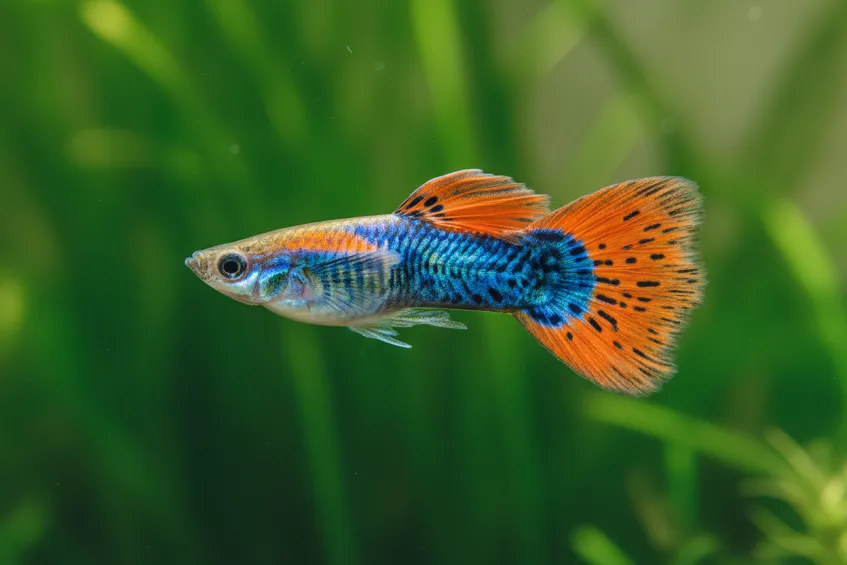 Guppy mâle en gros plan, corps iridescent et grande queue en éventail