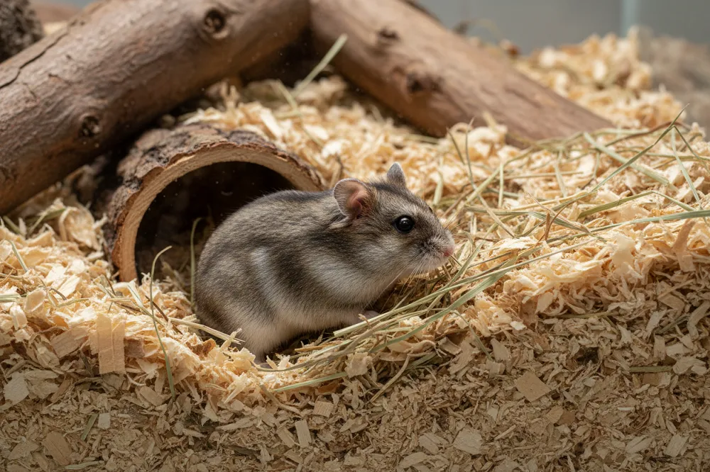 Hamster russe creusant dans une litière profonde, ligne dorsale foncée visible
