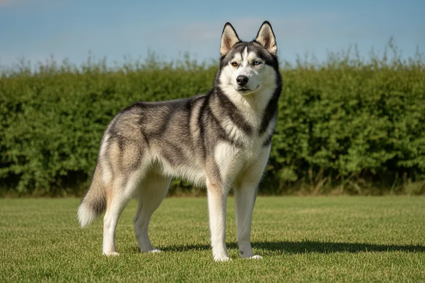 Devenir éleveur de chevaux : le guide complet 2026 2 Husky de Sibérie adulte debout, double fourrure dense et yeux vairons