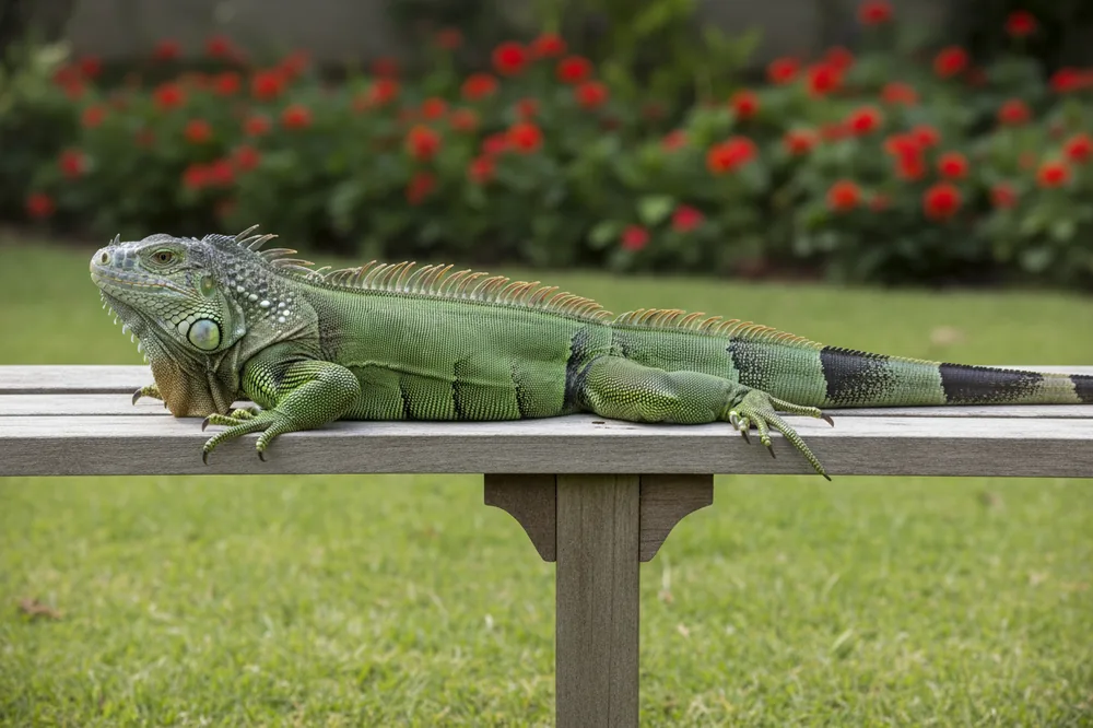 Iguane vert adulte allongé de tout son long sur un banc de jardin en bois, queue déployée.