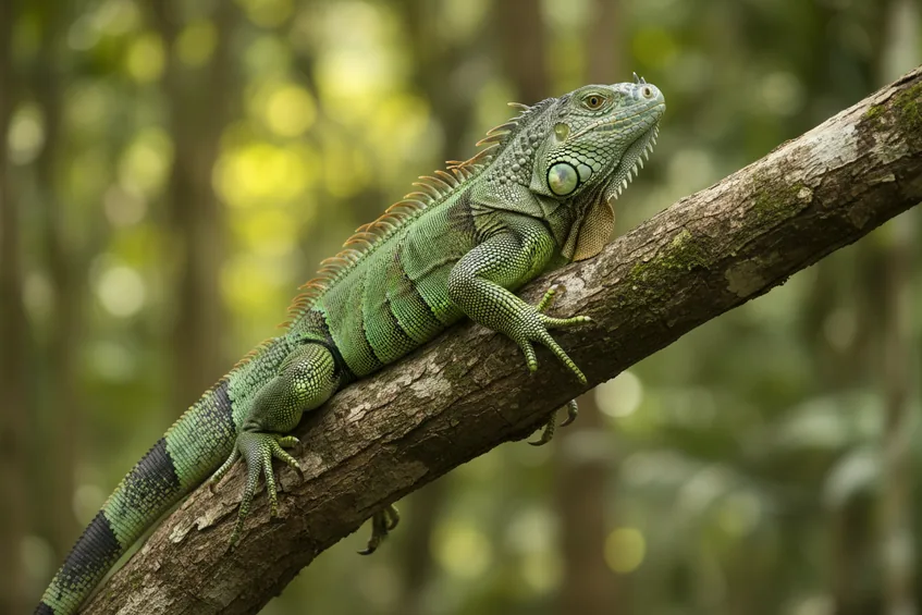 Iguane vert adulte allongé sur une branche en forêt tropicale, queue pendante.