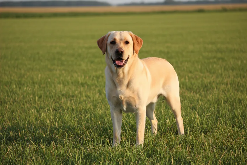 Labrador sable debout de face dans l'herbe, expression attentive.