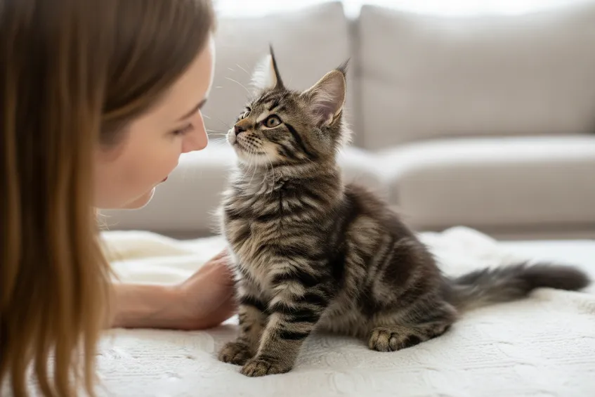 Première rencontre entre une future propriétaire et un chaton Maine Coon.