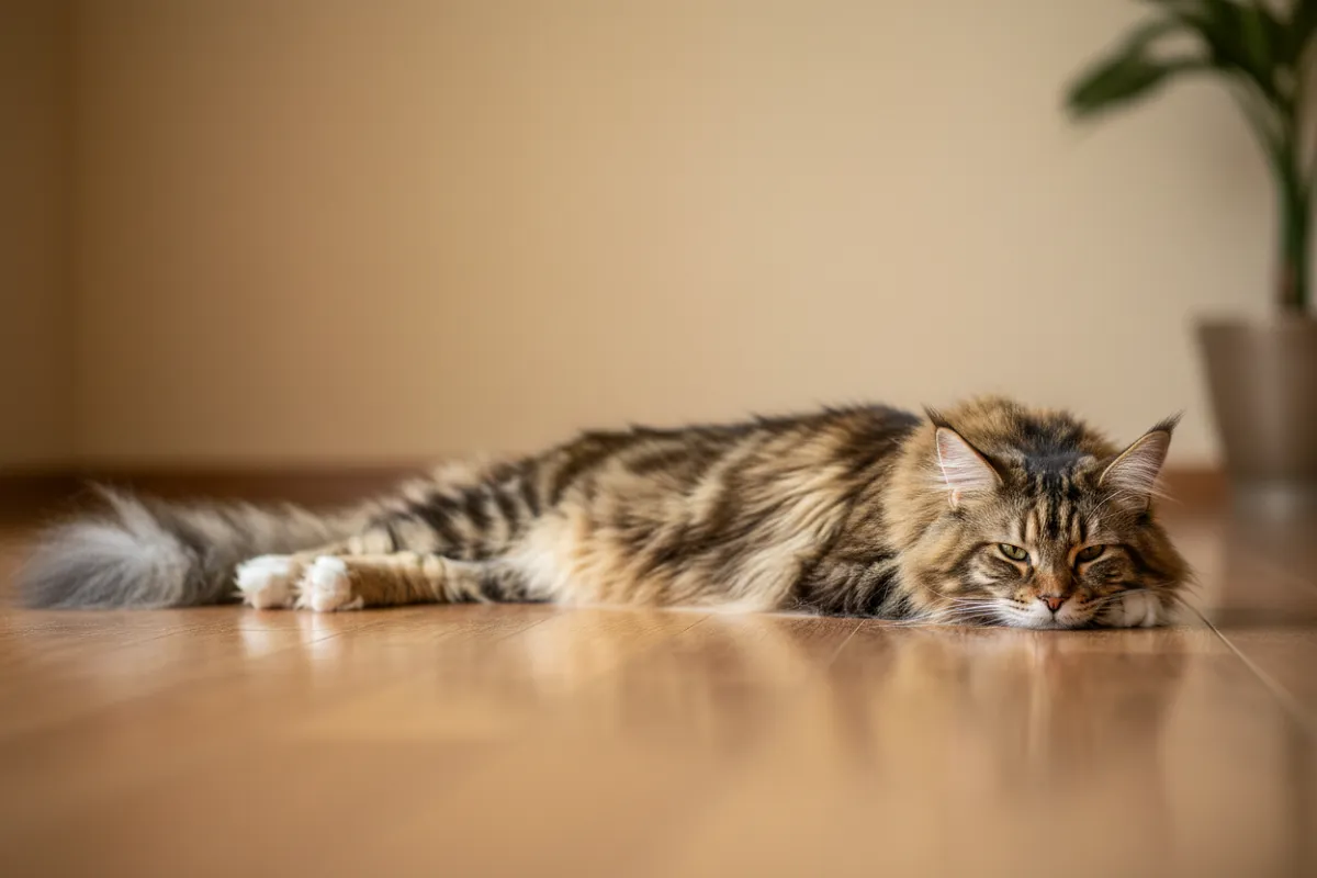 Maine Coon adulte allongé de tout son long sur un parquet, la queue déployée montrant la longueur totale de l'animal.