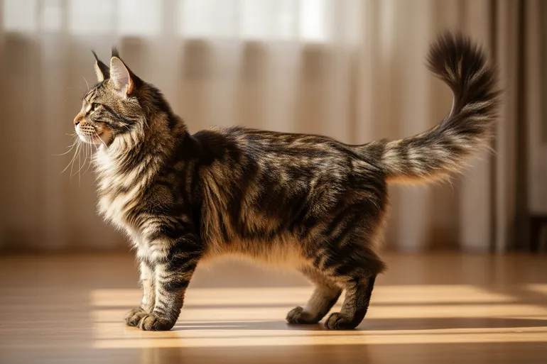 Maine Coon adulte de profil montrant la longueur de son corps et de sa queue