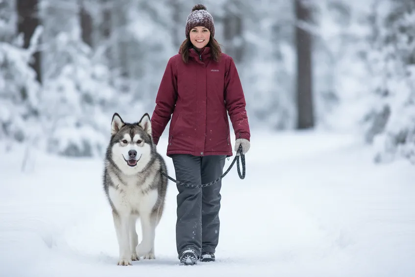 Maîtresse et son malamute de l'Alaska sur un chemin forestier enneigé.