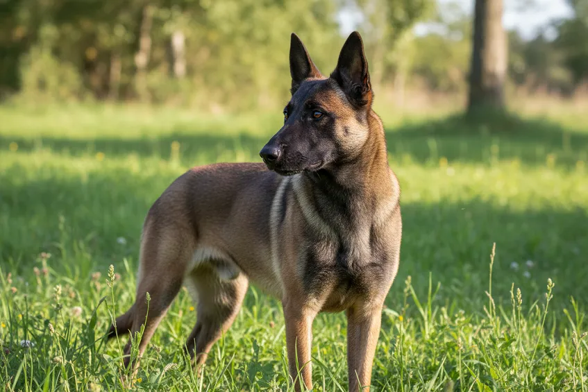 Malinois fauve charbonné debout de profil dans l'herbe, oreilles dressées.