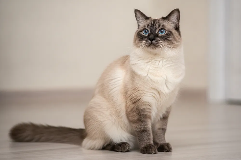Neva Masquerade, la variété colorpoint du chat sibérien, aux yeux bleus.