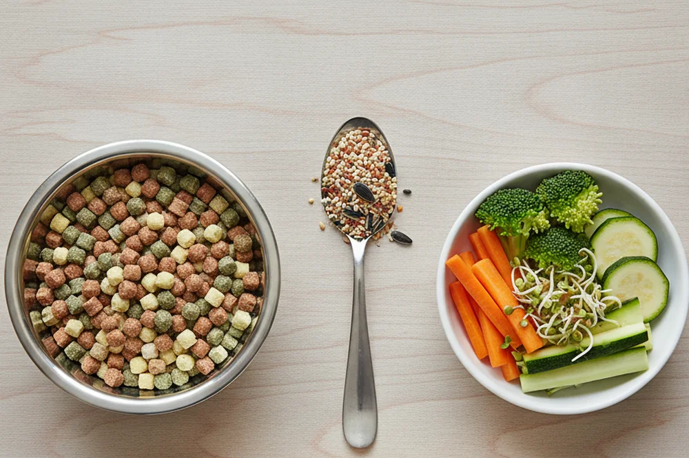 Nourriture calopsitte : granulés, une petite ration de graines et des légumes frais coupés pour une journée.